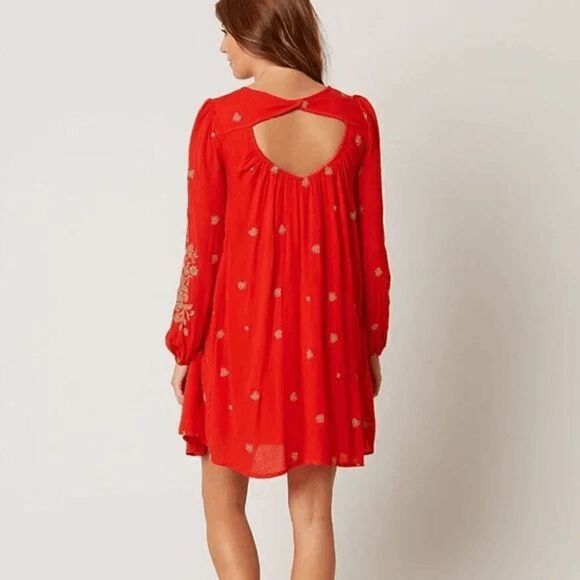Free People Sweet Tennessee Red Tan Embroidered Long Sleeve Dress - Picture 9 of 9